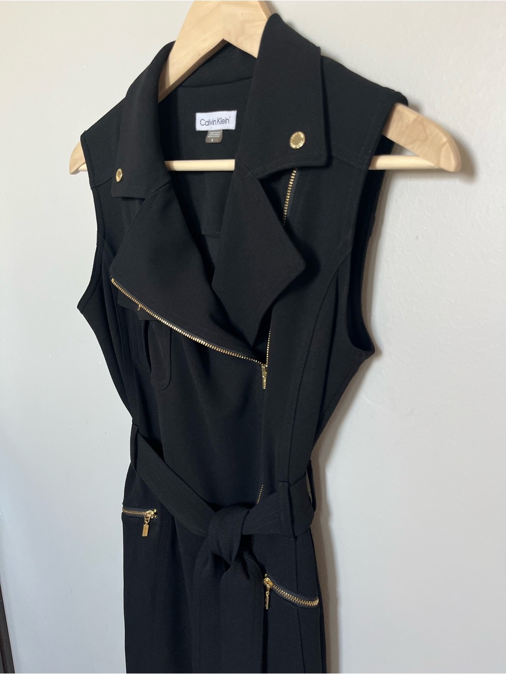 Calvin Klein Black Sleeveless Moto Dress with Gold Zippers and Branded Hardware - Picture 7 of 10